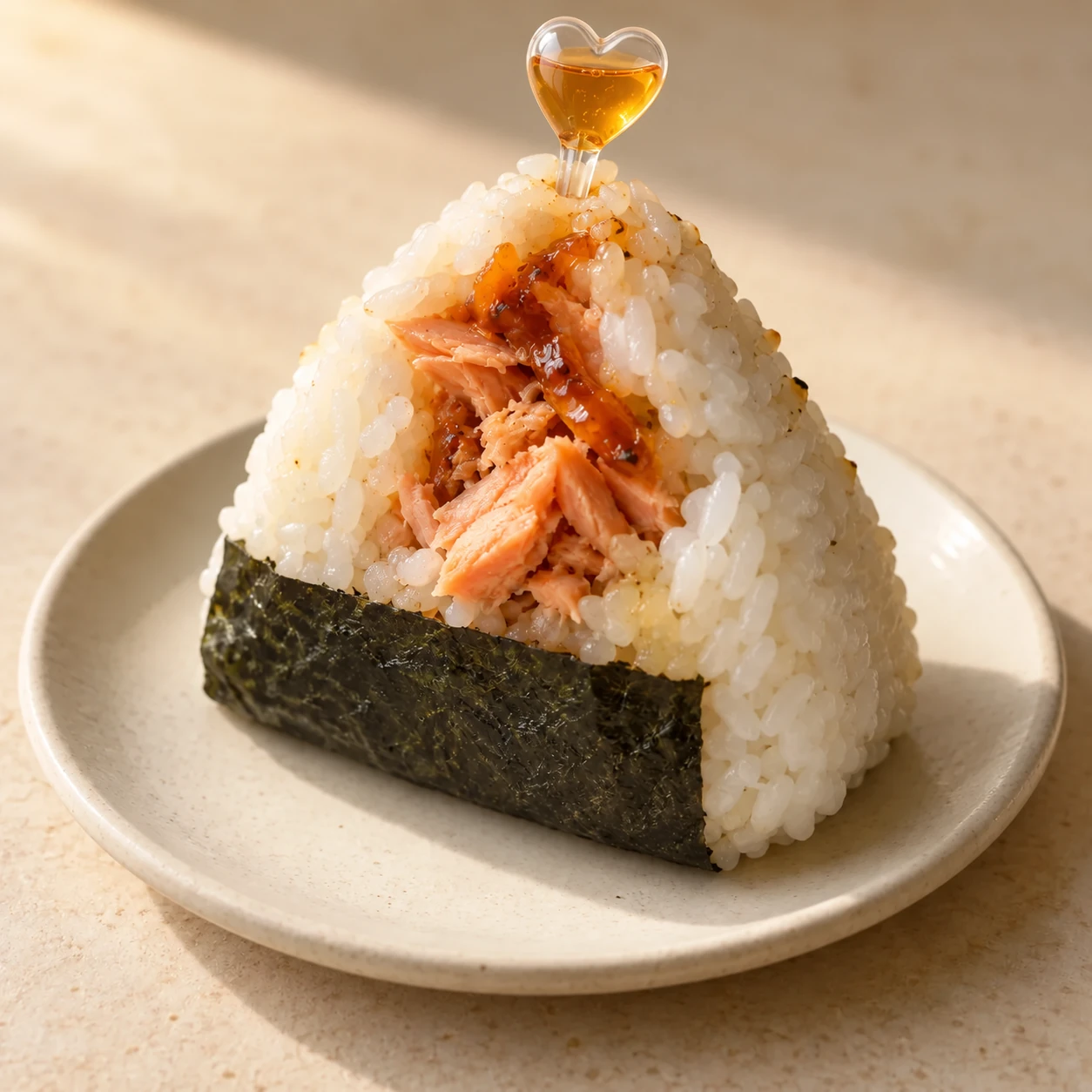 Hot Honey Salmon onigiri with flaky salmon and honey glaze