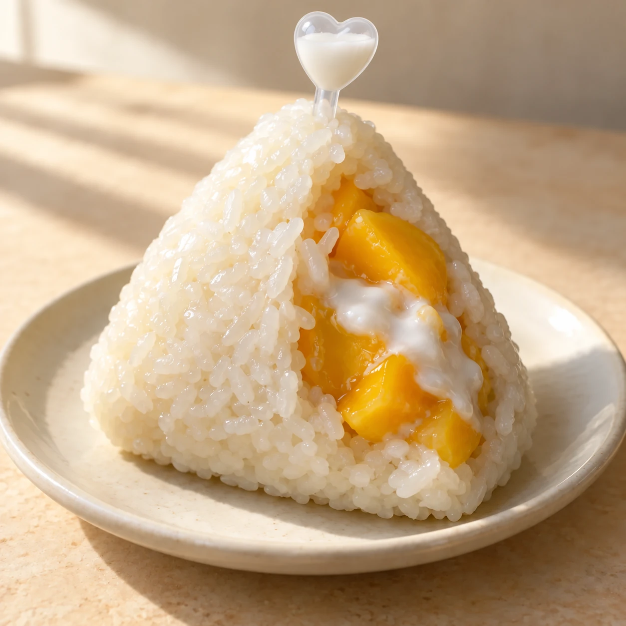 Mango Sticky Rice triangle with yellow mango and coconut cream