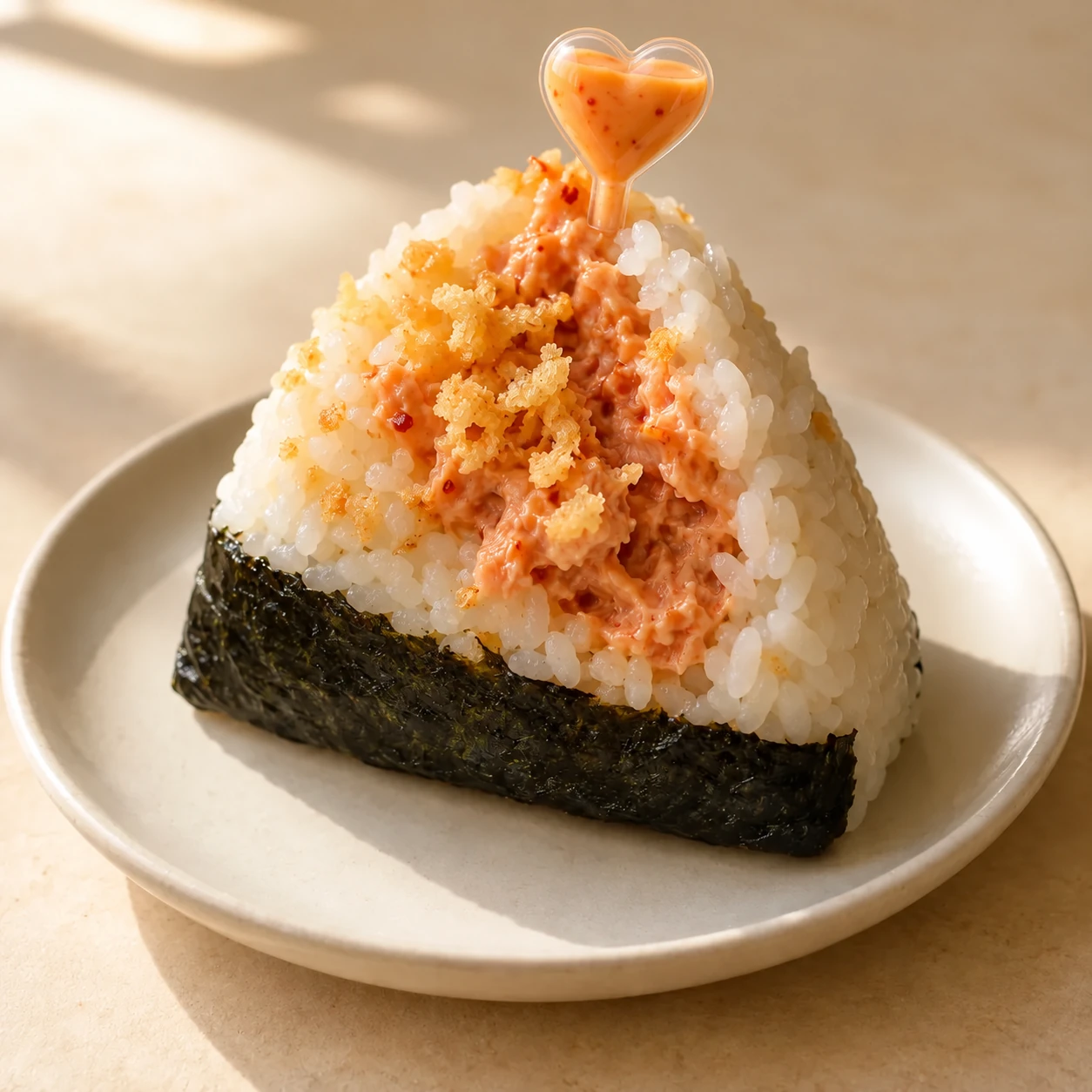 Spicy tuna and crunchy flakes inside a rice triangle wrapped in nori
