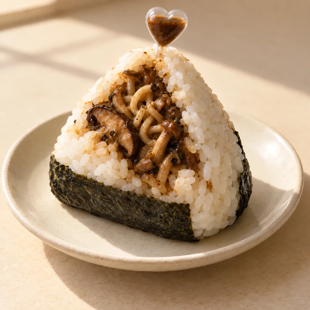 Vegan onigiri with mushrooms, miso and truffle sauce